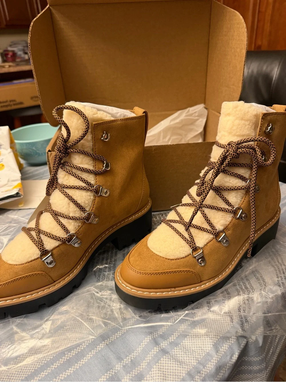 Women’s Faux-Shearling Lace-Up Tan Boots